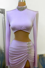 Pink High Neck Long Sleeves Side Slit Ruffles Crystal Prom Dress
