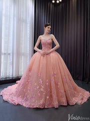 Pink Lace Applique Layered Wedding Gowns Convertible Quince Dress 241091