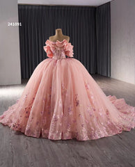 Pink Lace Applique Layered Wedding Gowns Convertible Quince Dress 241091