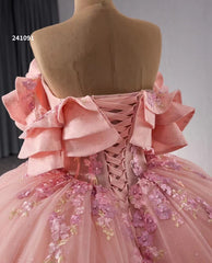 Pink Lace Applique Layered Wedding Gowns Convertible Quince Dress 241091