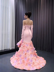 Pink Lilac Flower Mermaid Prom Dresses High Low,Removable Long Sleeves 241099