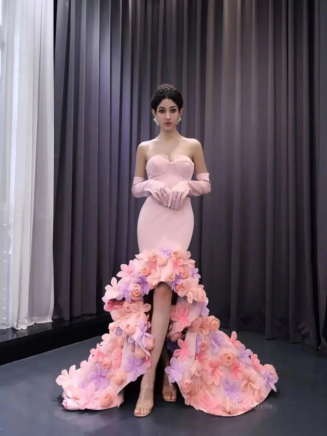 Pink Lilac Flower Mermaid Prom Dresses High Low,Removable Long Sleeves 241099