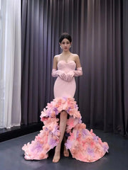 Pink Lilac Flower Mermaid Prom Dresses High Low,Removable Long Sleeves 241099