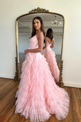 Pink Prom Dress Mermaid Sleeveless Spaghetti Straps Tulle Aline Evening Dress