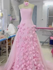 Pink Rose Prom Dresses Flower Blossom Sheath Wedding Dress Strapless BD037B