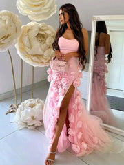 Pink Rose Prom Dresses Flower Blossom Sheath Wedding Dress Strapless BD037B