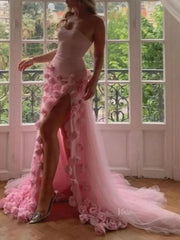 Pink Rose Prom Dresses Flower Blossom Sheath Wedding Dress Strapless BD037B