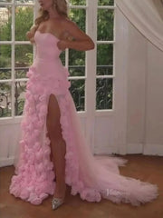 Pink Rose Prom Dresses Flower Blossom Sheath Wedding Dress Strapless BD037B