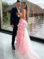 Pink Rose Prom Dresses Flower Blossom Sheath Wedding Dress Strapless BD037B