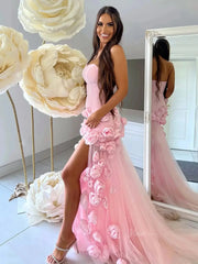 Pink Rose Prom Dresses Flower Blossom Sheath Wedding Dress Strapless BD037B