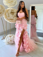 Pink Rose Prom Dresses Flower Blossom Sheath Wedding Dress Strapless BD037B