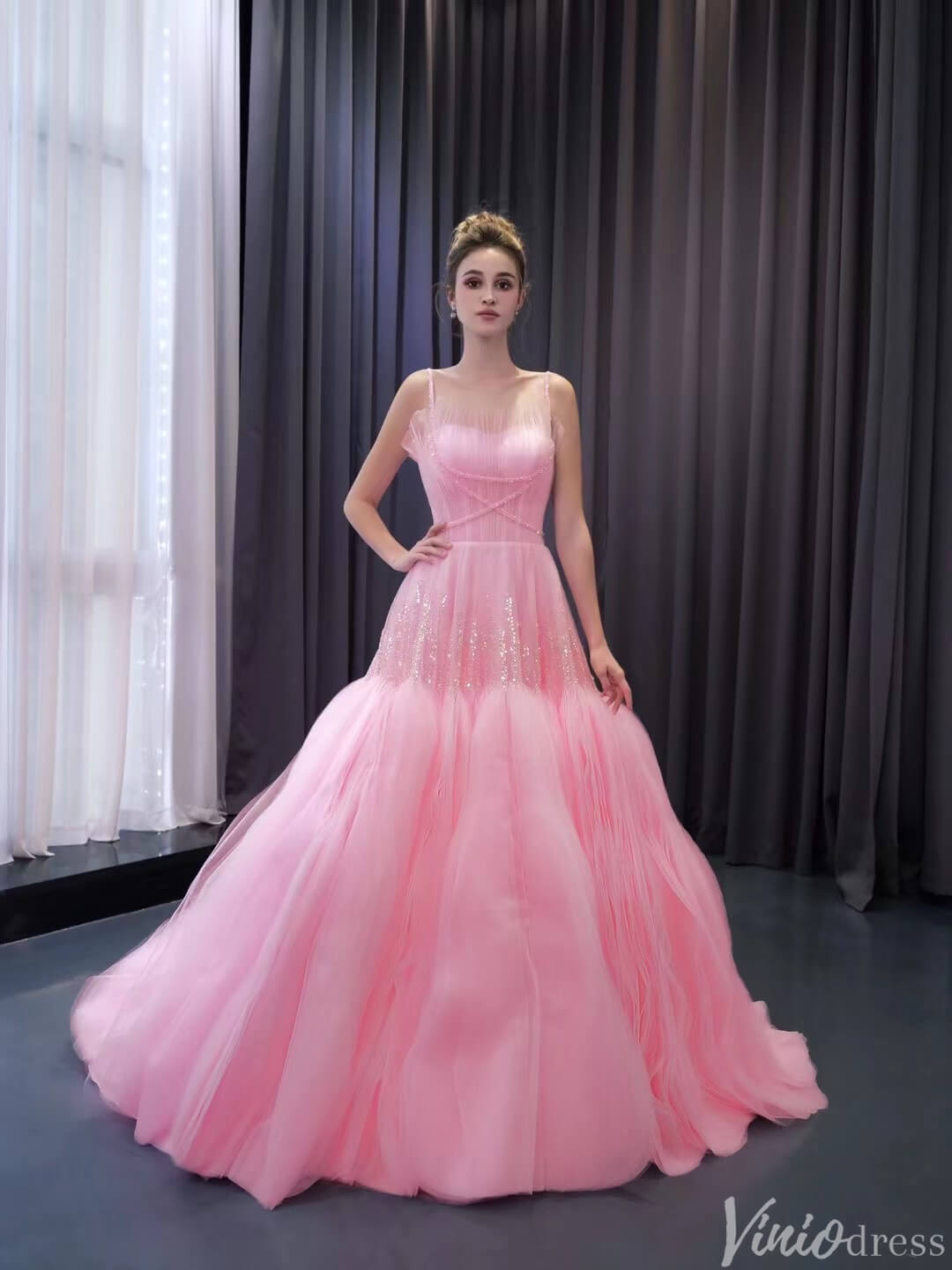 Pink Ruffle Wedding Dress Beaded Spagehtti Strap Prom Dresses Corset Back 241102