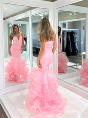 Pink Ruffled Strapless Mermaid Prom Dresses V-Neck Satin Evening Dress FD4084