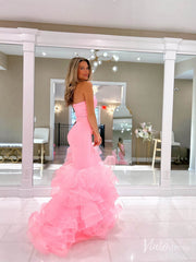Pink Ruffled Strapless Mermaid Prom Dresses V-Neck Satin Evening Dress FD4084