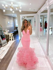 Pink Ruffled Strapless Mermaid Prom Dresses V-Neck Satin Evening Dress FD4084