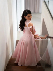 Pink Satin Maxi Prom Dresses 2025 with Bow, Long Sleeve & High Neck – FD5202