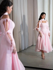 Pink Satin Maxi Prom Dresses 2025 with Bow, Long Sleeve & High Neck – FD5202