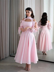 Pink Satin Maxi Prom Dresses 2025 with Bow, Long Sleeve & High Neck – FD5202