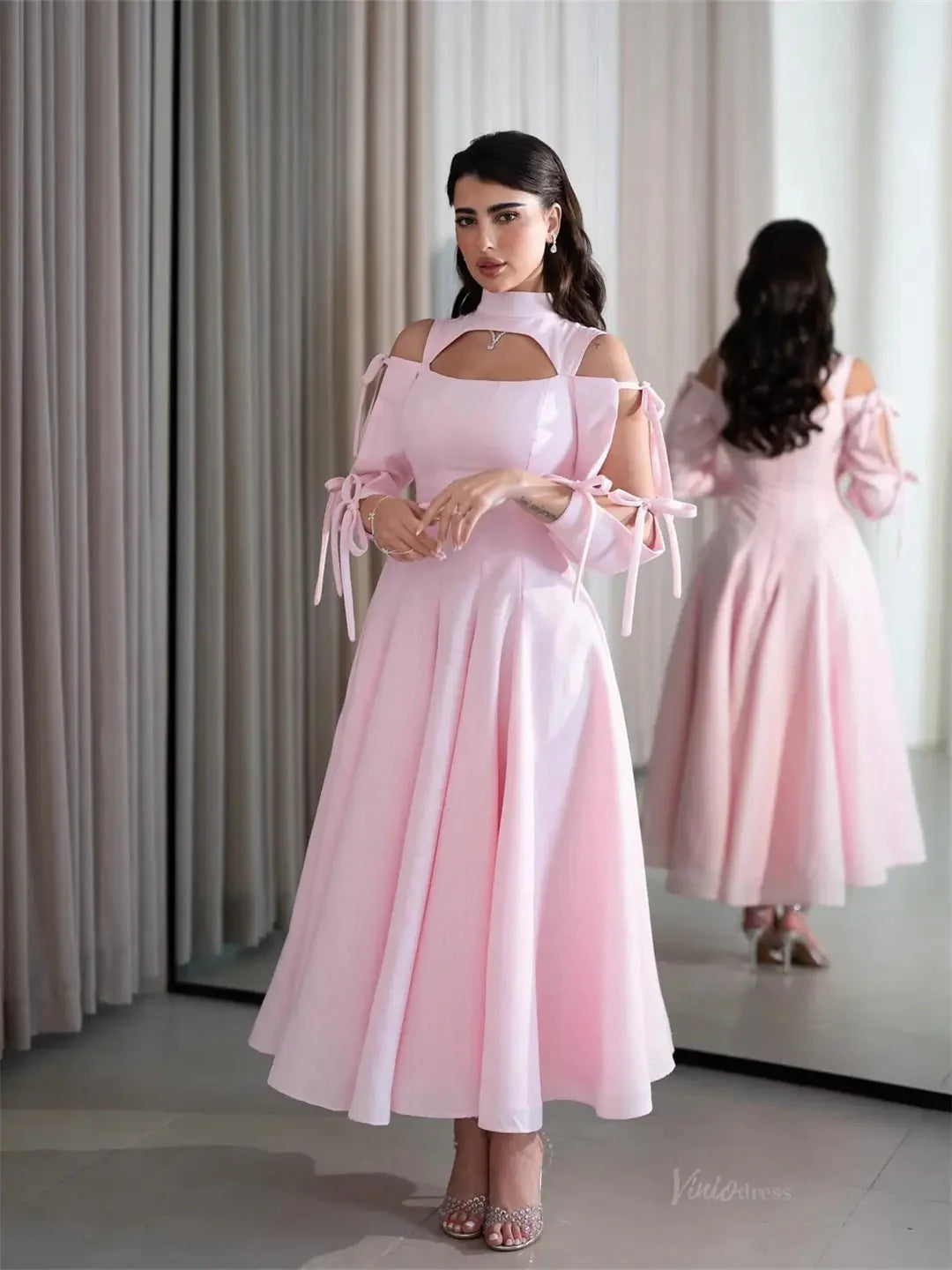 Pink Satin Maxi Prom Dresses 2025 with Bow, Long Sleeve & High Neck – FD5202