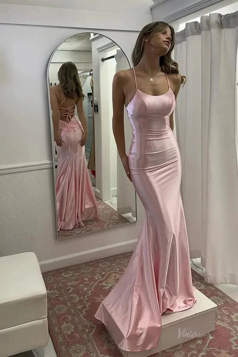Pink Satin Mermaid Prom Dresses 2025 with Spaghetti Strap & Lace Up Back – FD5086