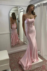 Pink Satin Mermaid Prom Dresses 2025 with Spaghetti Strap & Lace Up Back – FD5086