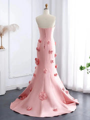 Pink Satin Mermaid Prom Dresses, Rose Flower, Ethereal Formal Dresses BD006