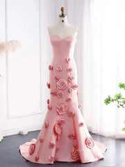 Pink Satin Mermaid Prom Dresses, Rose Flower, Ethereal Formal Dresses BD006