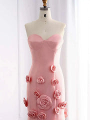 Pink Satin Mermaid Prom Dresses, Rose Flower, Ethereal Formal Dresses BD006