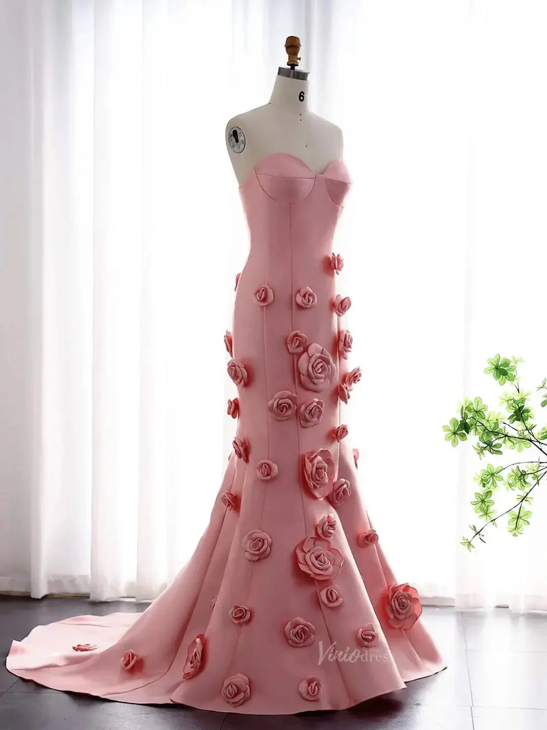 Pink Satin Mermaid Prom Dresses, Rose Flower, Ethereal Formal Dresses BD006