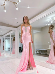 Pink Satin Mermaid Prom Dresses with Slit, Spaghetti Straps & Beaded Sweetheart Neckline - FD6031
