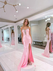 Pink Satin Mermaid Prom Dresses with Slit, Spaghetti Straps & Beaded Sweetheart Neckline - FD6031