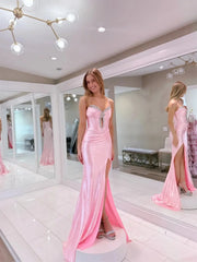 Pink Satin Mermaid Prom Dresses with Slit, Spaghetti Straps & Beaded Sweetheart Neckline - FD6031