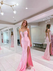 Pink Satin Mermaid Prom Dresses with Slit, Spaghetti Straps & Beaded Sweetheart Neckline - FD6031