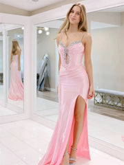 Pink Satin Mermaid Prom Dresses with Slit, Spaghetti Straps & Beaded Sweetheart Neckline - FD6031