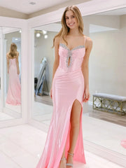 Pink Satin Mermaid Prom Dresses with Slit, Spaghetti Straps & Beaded Sweetheart Neckline - FD6031