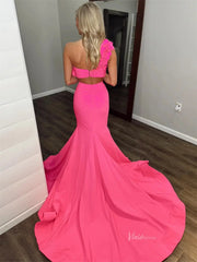 Pink Satin Mermaid Two-Pieces Prom Dresses with Floral One Shoulder - FD6047