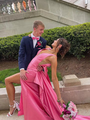 Pink Satin Prom Dresses 2025 Bow-Tie V-Neck Formal Gown with Slit - FD5148