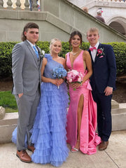 Pink Satin Prom Dresses 2025 Bow-Tie V-Neck Formal Gown with Slit - FD5148