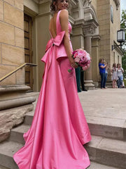 Pink Satin Prom Dresses 2025 Bow-Tie V-Neck Formal Gown with Slit - FD5148