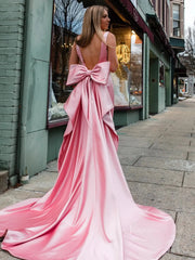 Pink Satin Prom Dresses 2025 Bow-Tie V-Neck Formal Gown with Slit - FD5148