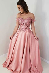 Off-the-Shoulder Pink Prom Dress Lace Appliques Party Dress with Beads