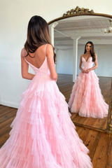 Pink Sleeveless Spaghetti Strap Tulle Mermaid Evening Prom Dress