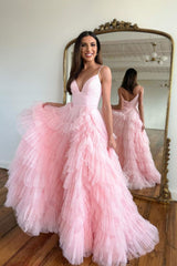 Pink Sleeveless Spaghetti Strap Tulle Mermaid Evening Prom Dress