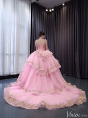 Pink Sparkly Lace Applique Beaded Wedding Gowns Tiered Layered Quince Dress 241090
