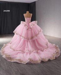 Pink Sparkly Lace Applique Beaded Wedding Gowns Tiered Layered Quince Dress 241090