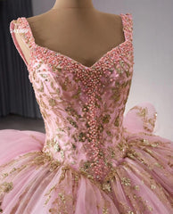 Pink Sparkly Lace Applique Beaded Wedding Gowns Tiered Layered Quince Dress 241090