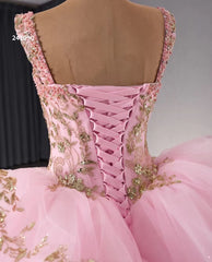 Pink Sparkly Lace Applique Beaded Wedding Gowns Tiered Layered Quince Dress 241090