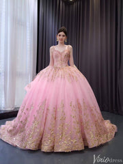 Pink Sparkly Lace Applique Beaded Wedding Gowns Tiered Layered Quince Dress 241090