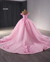Pink Sparkly Lace Applique Wedding Gowns Off the Shoulder 3D Flower Quince Dress 241084