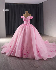 Pink Sparkly Lace Applique Wedding Gowns Off the Shoulder 3D Flower Quince Dress 241084